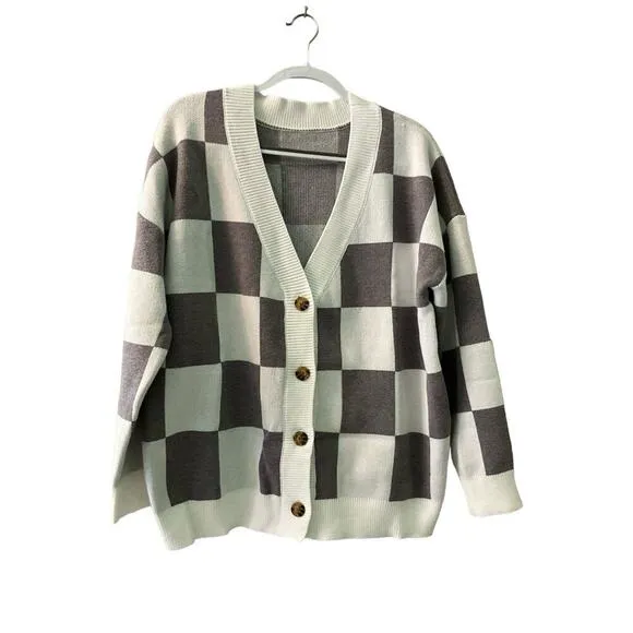 Women's L Cardigan Sweater White/Gray Checkered Dropped Shoulder Button-Detail