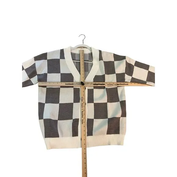 Women's L Cardigan Sweater White/Gray Checkered Dropped Shoulder Button-Detail