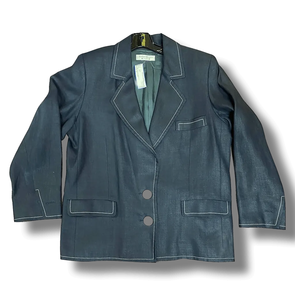 YVES SAINT LAURENT Denim Blue Blazer with White Top Stiching | Size XL