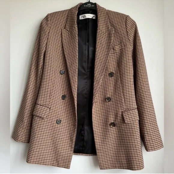 Zara Blazer Brown Check Straight Cut Notched Lapel Double Breasted Size XS