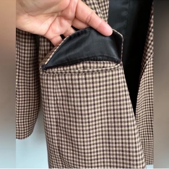 Zara Blazer Brown Check Straight Cut Notched Lapel Double Breasted Size XS