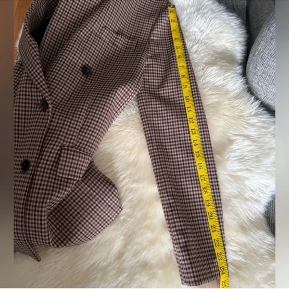 Zara Blazer Brown Check Straight Cut Notched Lapel Double Breasted Size XS