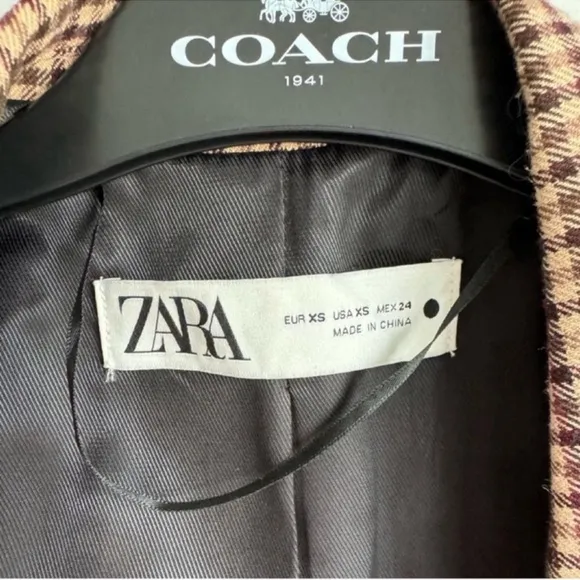 Zara Blazer Brown Check Straight Cut Notched Lapel Double Breasted Size XS