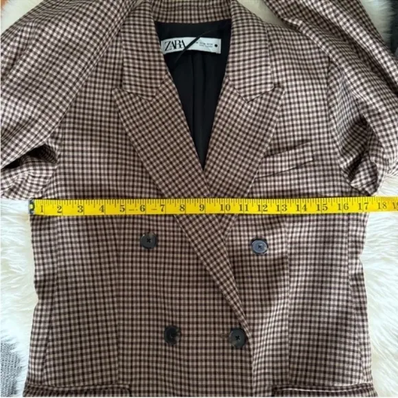 Zara Blazer Brown Check Straight Cut Notched Lapel Double Breasted Size XS