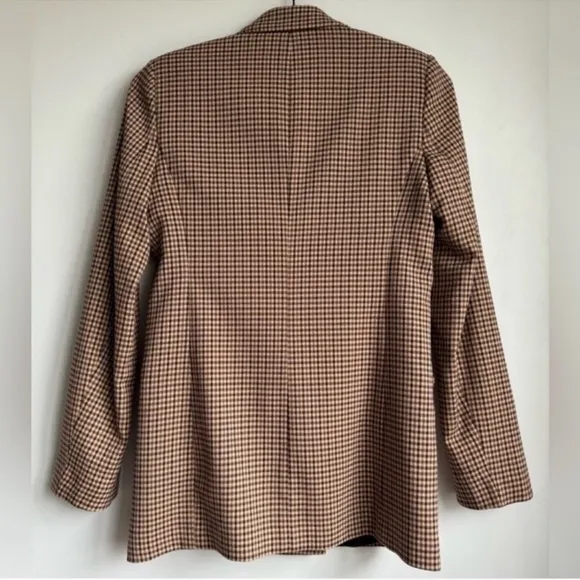 Zara Blazer Brown Check Straight Cut Notched Lapel Double Breasted Size XS