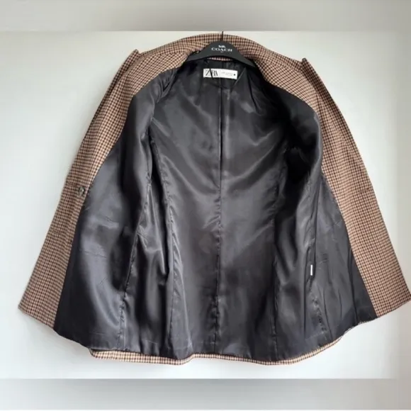 Zara Blazer Brown Check Straight Cut Notched Lapel Double Breasted Size XS