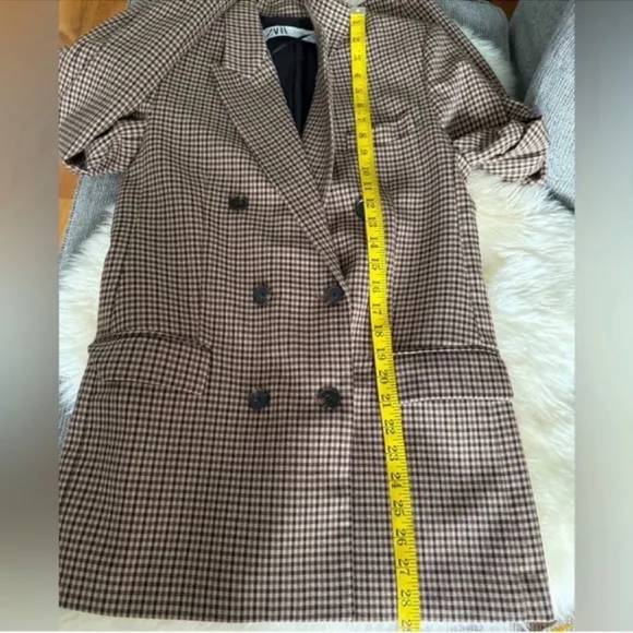 Zara Blazer Brown Check Straight Cut Notched Lapel Double Breasted Size XS