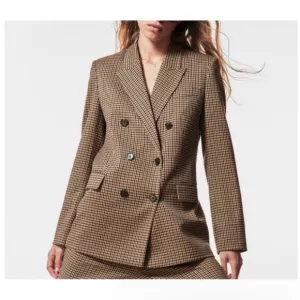 Zara Blazer Brown Check Straight Cut Notched Lapel Double Breasted Size XS