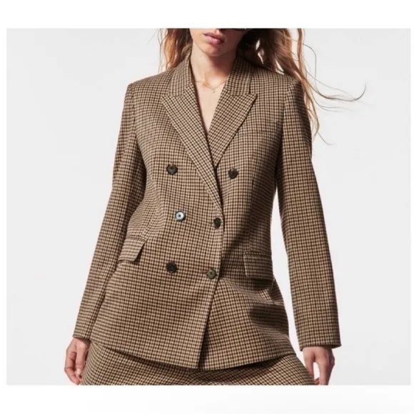 Zara Blazer Brown Check Straight Cut Notched Lapel Double Breasted Size XS