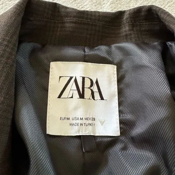 ZARA Dark Chocolate Brown Check Crop Blazer M