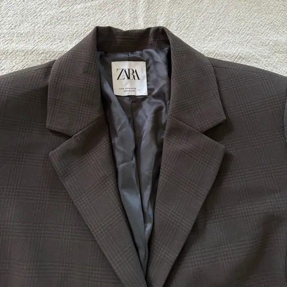 ZARA Dark Chocolate Brown Check Crop Blazer M