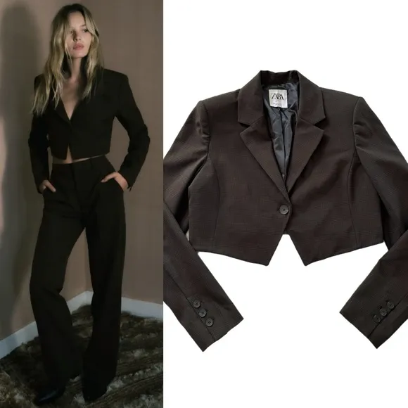 ZARA Dark Chocolate Brown Check Crop Blazer M