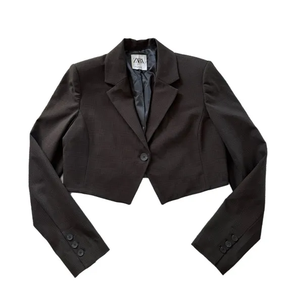 ZARA Dark Chocolate Brown Check Crop Blazer M