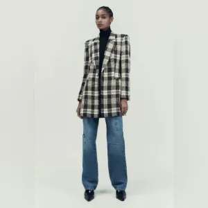 Zara | NWT Plaid Black White Embellished Blazer Size Large