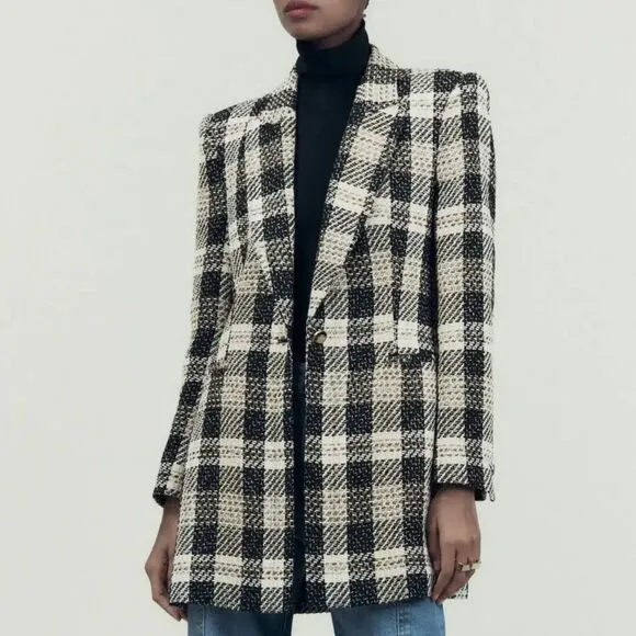 Zara | NWT Plaid Black White Embellished Blazer Size Large