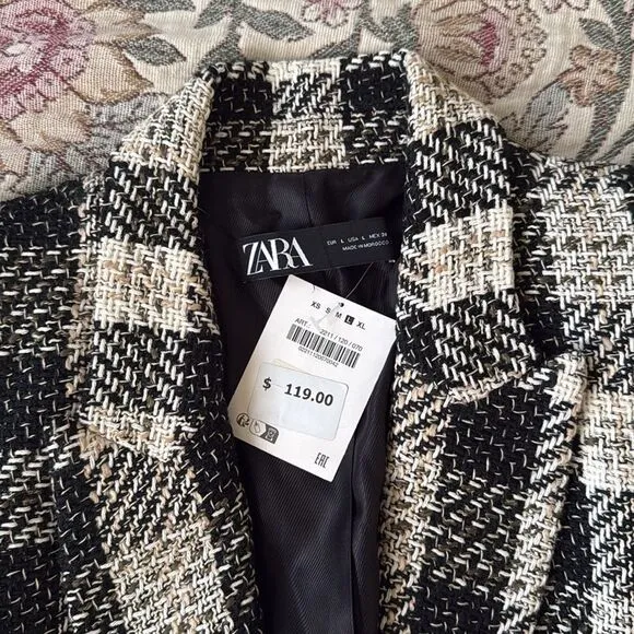 Zara | NWT Plaid Black White Embellished Blazer Size Large