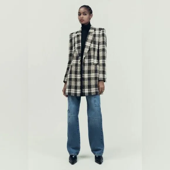 Zara | NWT Plaid Black White Embellished Blazer Size Large