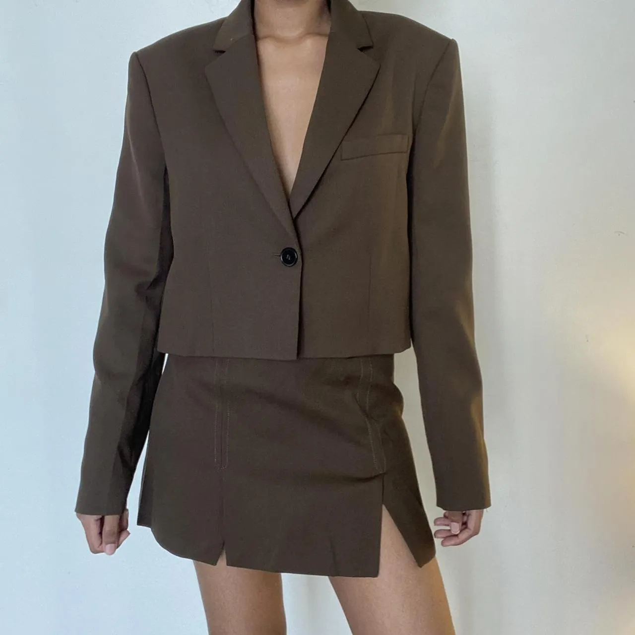 Zara Topstitched Cropped Blazer in Khaki Green, Sz XL! Super cute with long tank & Jeans!